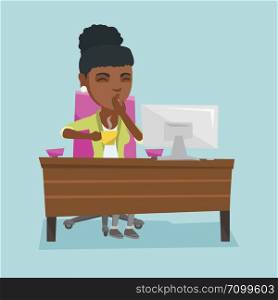 African sleepy tired office worker holding a cup of coffee and yawning while working in office. Young office worker yawning and drinking coffee at work. Vector cartoon illustration. Square layout.. Young african-american tired office worker yawning