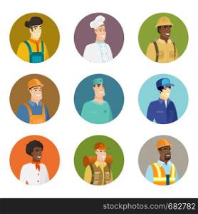 African smiling constructor in hard hat. Portrait of smiling constructor. Set of character avatars of different professions. Vector flat design illustrations in the circle isolated on white background. Vector set of characters of different professions.