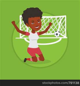African soccer player celebrating scoring goal. Football player kneeling with raised arms on the background of gate with ball. Vector flat design illustration in the circle isolated on background.. Soccer player celebrating scoring goal.