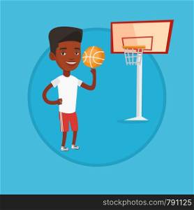 African sportsman spinning basketball ball on finger. Young basketball player standing on the court. Basketball player in action. Vector flat design illustration in the circle isolated on background.. African basketball player spinning ball.