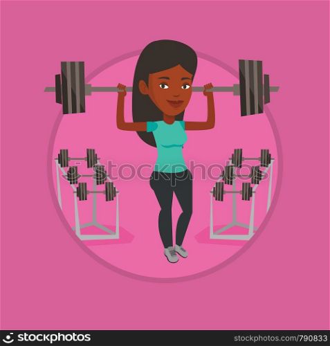 African sportswoman doing exercise with barbell. Woman lifting a heavy weight barbell. Weightlifter holding a barbell in the gym. Vector flat design illustration in the circle isolated on background.. Woman lifting barbell vector illustration.