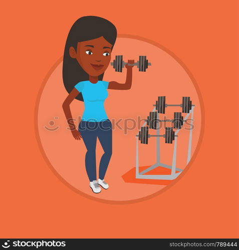 African sportswoman doing exercise with dumbbell. Woman lifting heavy weight dumbbell. Weightlifter holding dumbbell in the gym. Vector flat design illustration in the circle isolated on background.. Woman lifting dumbbell vector illustration.