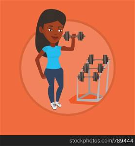 African sportswoman doing exercise with dumbbell. Woman lifting heavy weight dumbbell. Weightlifter holding dumbbell in the gym. Vector flat design illustration in the circle isolated on background.. Woman lifting dumbbell vector illustration.
