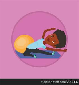 African sportswoman exercising in the gym. Sportswoman doing stretching on exercise mat. Sportswoman stretching before training. Vector flat design illustration in the circle isolated on background.. Young woman exercising with fitball.