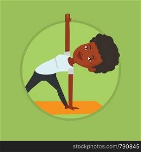 African sportswoman meditating in yoga triangle position. Sportswoman standing in yoga triangle pose. Woman doing yoga on mat. Vector flat design illustration in the circle isolated on background.. Woman practicing yoga triangle pose.