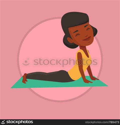 African sportswoman meditating in yoga upward dog position. Woman practicing yoga upward dog pose. Woman doing yoga on the mat. Vector flat design illustration in the circle isolated on background.. Woman practicing yoga upward dog pose.
