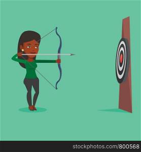 African sportswoman shooting with bows during archery competition. Sportswoman aiming with bow and arrow at the target. Sportswoman practicing with bow. Vector flat design illustration. Square layout.. Archer aiming with bow and arrow at the target.