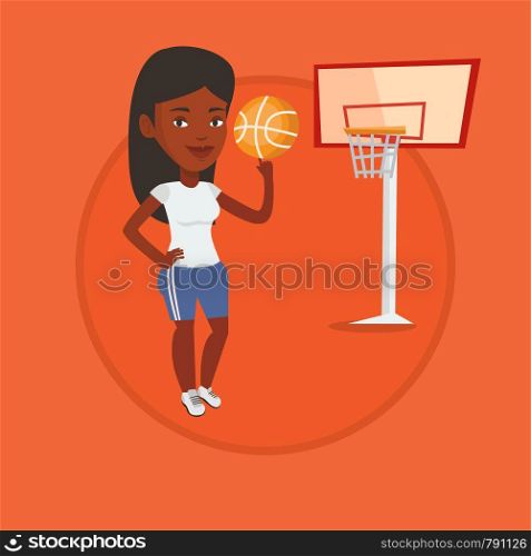 African sportswoman spinning basketball ball on her finger. Basketball player standing on the court. Basketball player in action. Vector flat design illustration in the circle isolated on background. Young basketball player spinning ball.