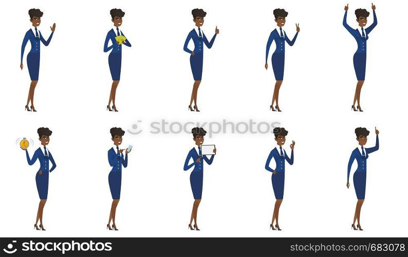 African stewardess holding tablet computer. Full length of stewardess pointing at tablet computer. Stewardess with tablet computer. Set of vector flat design illustrations isolated on white background. Vector set of stewardess characters.