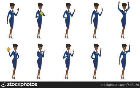 African stewardess holding tablet computer. Full length of stewardess pointing at tablet computer. Stewardess with tablet computer. Set of vector flat design illustrations isolated on white background. Vector set of stewardess characters.