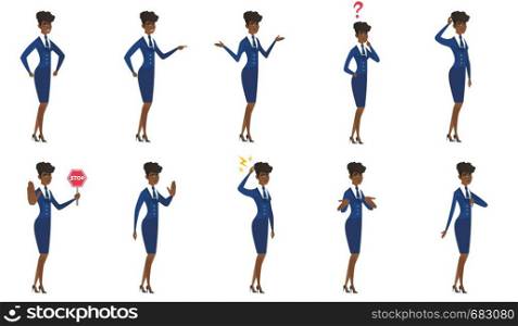 African stewardess showing stop hand gesture. Full length of stewardess doing stop gesture. Serious stewardess with a stop gesture. Set of vector flat design illustrations isolated on white background. Vector set of stewardess characters.