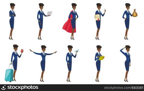African stewardess using laptop. Full length of young smiling stewardess working on a laptop. Cheerful stewardess holding laptop. Set of vector flat design illustrations isolated on white background.. Vector set of stewardess characters.