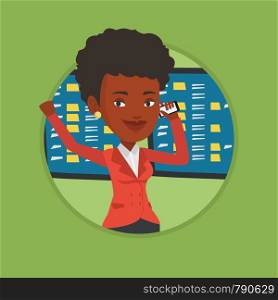 African stockbroker at stock exchange. Business woman talking on mobile phone on the background of display of stock market quotes. Vector flat design illustration in the circle isolated on background.. Stockbroker at stock exchange vector illustration.