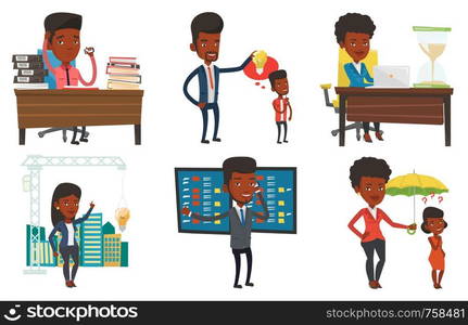 African stressed office worker sitting at workplace. Overworked office worker feeling stress from work. Stress at work concept. Set of vector flat design illustrations isolated on white background.. Vector set of business characters.