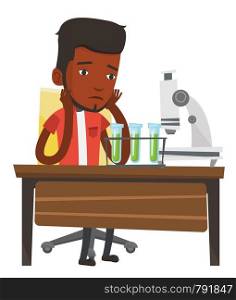 African student clutching head after failed experiment in chemistry class. Disappointed student carrying out experiment in chemistry class. Vector flat design illustration isolated on white background. Student working at laboratory class.