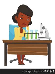 African student clutching head after failed experiment in chemistry class. Disappointed student carrying out experiment in chemistry class. Vector flat design illustration isolated on white background. Student working at laboratory class.