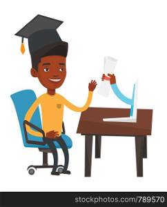 African student in graduation cap working on computer. Graduate getting diploma from the computer. Online education and graduation concept. Vector flat design illustration isolated on white background. Graduate getting diploma from the computer.