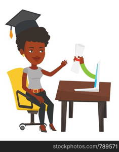 African student in graduation cap working on computer. Graduate getting diploma from the computer. Online education and graduation concept. Vector flat design illustration isolated on white background. Graduate getting diploma from the computer.