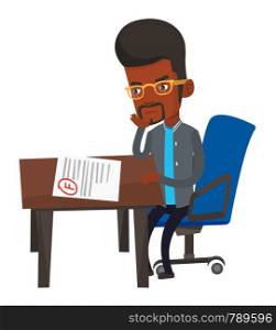 African student looking at test paper with bad mark. Student disappointed test with F grade. Student dissatisfied with the test results. Vector flat design illustration isolated on white background.. Sad student looking at test paper with bad mark.
