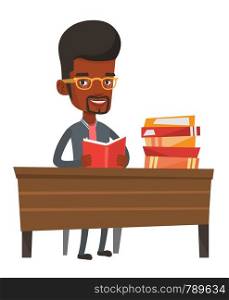 African student reading a book and preparing for exam. Student sitting at the table and holding a book in hands. Student reading a book. Vector flat design illustration isolated on white background.. Student reading book vector illustration.