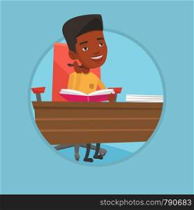 African student sitting at the table and thinking. Thinking student writing in exercise book. Thinking student doing homework. Vector flat design illustration in the circle isolated on background.. Student writing in notebook vector illustration.