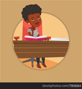 African student sitting at the table and thinking. Thinking student writing in exercise book. Thinking student doing homework. Vector flat design illustration in the circle isolated on background.. Student writing at the desk vector illustration.