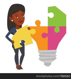 African student standing near the light bulb. Young student takes apart light bulb made of puzzle. Smiling student having a great idea. Vector flat design illustration isolated on white background.. Student with light bulb vector illustration.