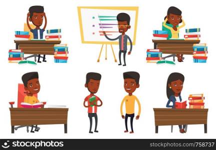 African student studying hard before exam. Stressed student studying with textbooks. Desperate student studying in the library. Set of vector flat design illustrations isolated on white background.. Vector set of student characters.