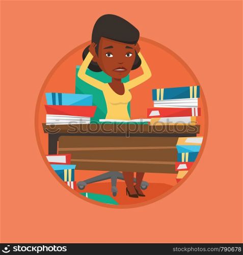 African student studying hard before exam. Stressed student studying with textbooks. Desperate student studying in the library. Vector flat design illustration in the circle isolated on background.. Student sitting at the table with piles of books.