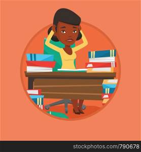 African student studying hard before exam. Stressed student studying with textbooks. Desperate student studying in the library. Vector flat design illustration in the circle isolated on background.. Student sitting at the table with piles of books.