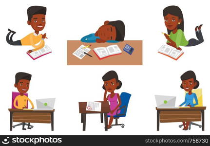 African student working on laptop and writing notes. Student sitting at the table with laptop. Student using laptop for education. Set of vector flat design illustrations isolated on white background.. Vector set of student characters.