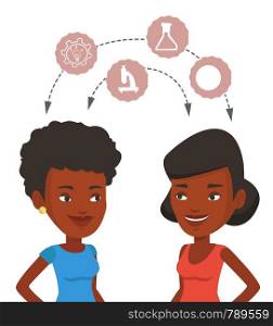 African students brainstorming. Two students sharing with the ideas. Students studying together and arrows with school icons between them. Vector flat design illustration isolated on white background.. Students sharing with the ideas.