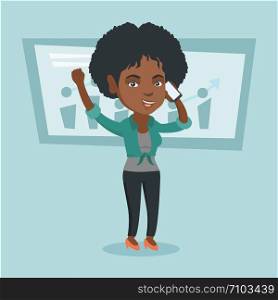 African successful business woman talking on the mobile phone. Successful business woman standing with raised hands on the background of increasing chart. Vector cartoon illustration. Square layout.. African business woman talking on mobile phone.