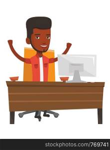 African successful businessman celebrating at workplace. Successful businessman celebrating business success. Successful business concept. Vector flat design illustration isolated on white background.. Successful business man vector illustration.