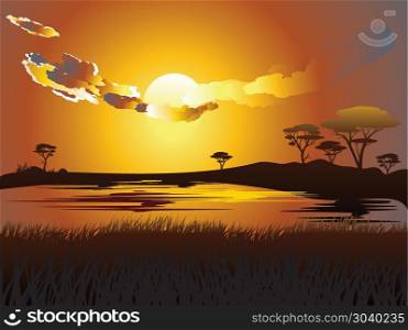African Sunset Landscape. Colorful sunset scene, african landscape with silhouette of trees.