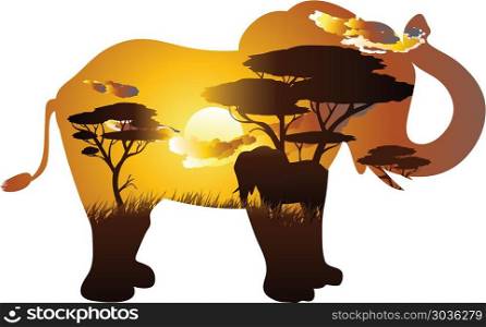 African Sunset with Elephant. Colorful sunset scene, african landscape with silhouette of trees and elephant.