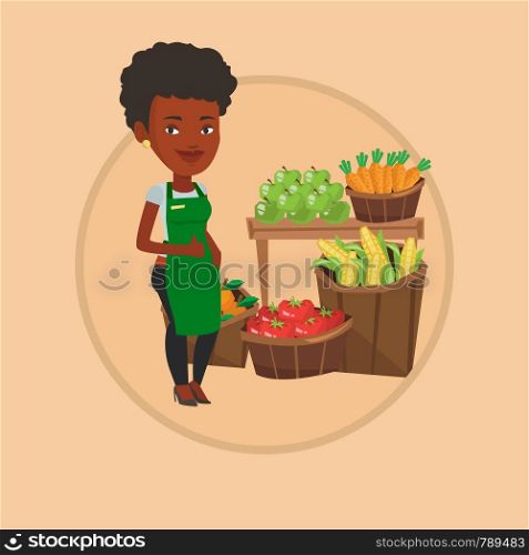 African supermarket worker giving thumb up. Supermarket worker standing on the background of shelves with vegetables and fruits. Vector flat design illustration in the circle isolated on background.. Friendly supermarket worker vector illustration.