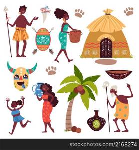 African traditional element. Cartoon tribal items, national wear, dwelling hut, decorative deity mask, palm tree, household ethnic tool, male and female aborigines, vector comic flat isolated set. African traditional element. Cartoon tribal items, national wear, dwelling hut, decorative deity mask, palm tree, household ethnic tool, male and female aborigines, vector set