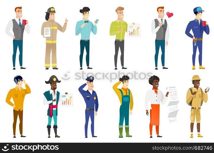 African traveler holding mobile phone and pointing at it. Full length of traveler with mobile phone. Traveler using mobile phone. Set of vector flat design illustrations isolated on white background.. Vector set of professions characters.