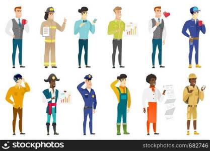 African traveler holding mobile phone and pointing at it. Full length of traveler with mobile phone. Traveler using mobile phone. Set of vector flat design illustrations isolated on white background.. Vector set of professions characters.