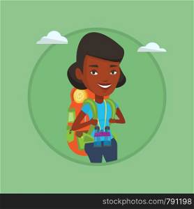 African traveler standing with backpack and binoculars. Traveler woman enjoying recreation time. Traveler during summer trip. Vector flat design illustration in the circle isolated on background.. Cheerful traveler with backpack.