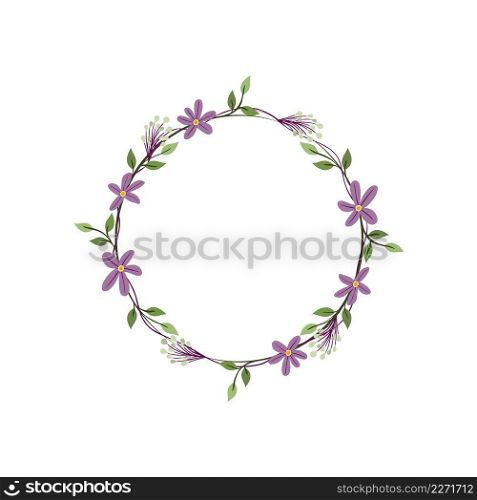 African vio≤t, snowberry and iris flower wreath. Green decorative ivy. Spring floral v∫a≥round frames. Creeper plant flat vector illustration