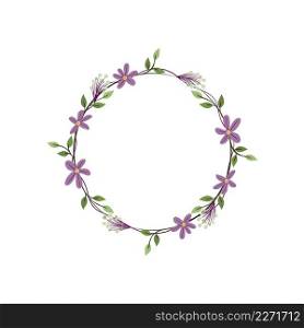 African vio≤t, snowberry and iris flower wreath. Green decorative ivy. Spring floral v∫a≥round frames. Creeper plant flat vector illustration