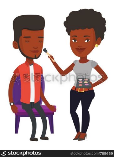 African visagiste applying makeup on man face. Visagiste doing makeup to young man. Visagiste doing makeup to a male model using a brush. Vector flat design illustration isolated on white background.. Visagiste doing makeup to young man.