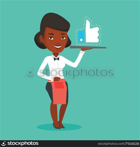 African waitress carrying tray with social network like button. Waitress holding restaurant tray with like button. Waitress with social network button. Vector flat design illustration. Square layout.. Waitress with like button vector illustration.