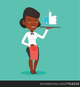 African waitress carrying tray with social network like button. Waitress holding restaurant tray with like button. Waitress with social network button. Vector flat design illustration. Square layout.. Waitress with like button vector illustration.