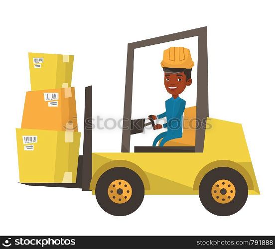African warehouse worker loading cardboard boxes. Forklift driver at work in storehouse. Warehouse worker driving forklift at warehouse. Vector flat design illustration isolated on white background.. Warehouse worker moving load by forklift truck.
