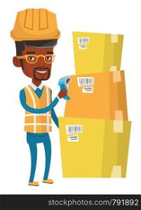 African warehouse worker scanning barcode on box. Warehouse worker checking barcode of box with a scanner. Warehouse worker at work. Vector flat design illustration isolated on white background.. Warehouse worker scanning barcode on box.