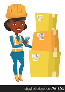 African warehouse worker scanning barcode on box. Warehouse worker checking barcode of box with a scanner. Warehouse worker at work. Vector flat design illustration isolated on white background.. Warehouse worker scanning barcode on box.