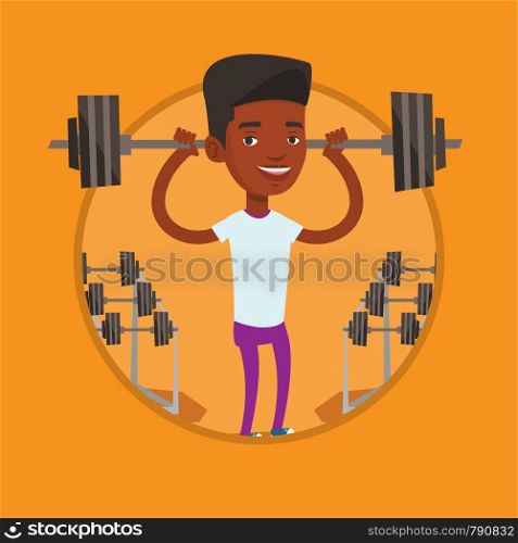 African weightlifter holding a barbell. Sporty man lifting a heavy weight barbell. Strong sportsman doing exercise with barbell. Vector flat design illustration in the circle isolated on background.. Man lifting barbell vector illustration.